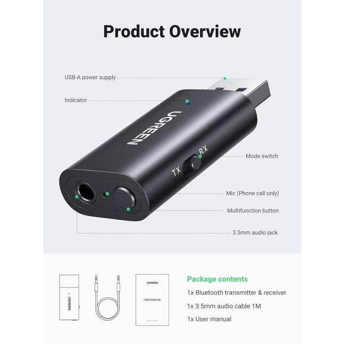 UGREEN bluetooth 5.1 brezžični oddajnik/sprejemnik 2v1 za TV, Domači avdio sprejemnik, Avtoradio,...