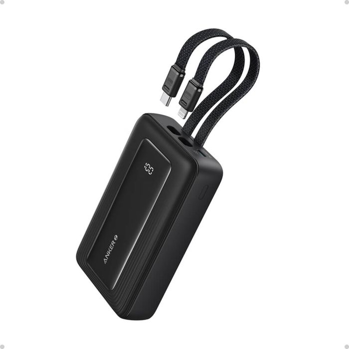Anker Zolo Powerbank 20000 mAh, 30W z vgrajenima kabloma USB-C + Lightning, črn