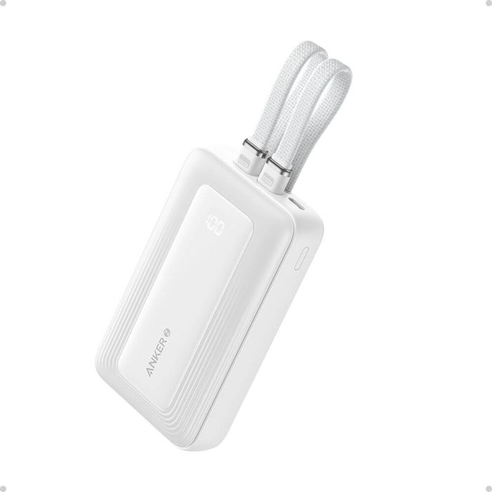 Anker Zolo Powerbank 10000 mAh, 30W z vgrajenima kabloma USB-C + Lightning, bel