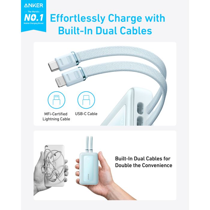 Anker Zolo Powerbank 10000 mAh, 30W z vgrajenima kabloma USB-C + Lightning, moder