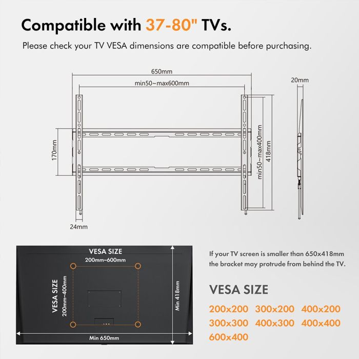 VonHaus 37-70 fiksen TV stenski nosilec do 35kg
