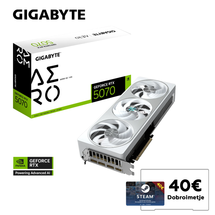 Grafična kartica GIGABYTE GeForce RTX 5070 AERO OC 12G, 12GB GDDR7, PCI-E 5.0