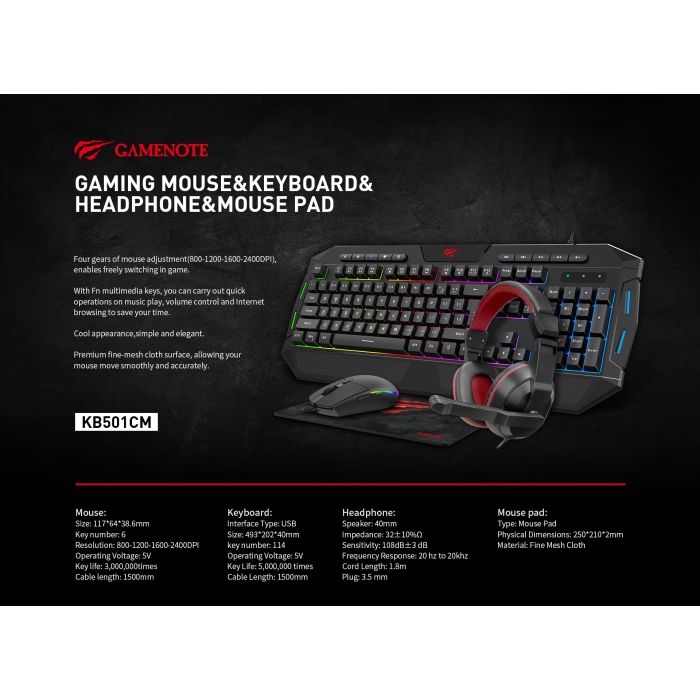  HAVIT Gamenote komplet 4v1 (tipkovnica+miška+podloga+slušalke) HV-KB501CM  / SLO