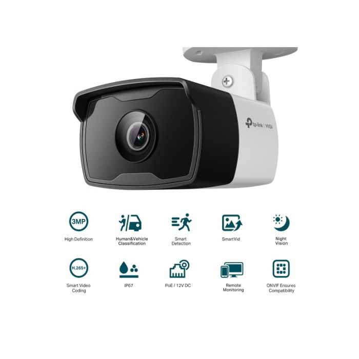 TP-LINK VIGI 3MP zunanja IR Bullet 6mm mrežna kamera (do 2304 × 1296 H.265+ 25fps)