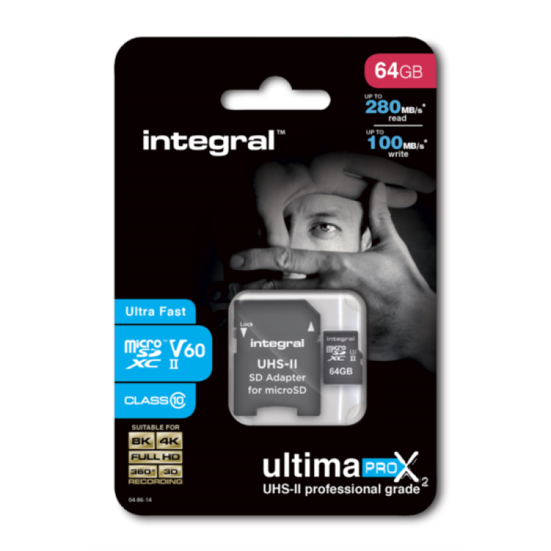INTEGRAL 64GB microSDXC 280-100MB/s UHS-II V60 + SD adapter