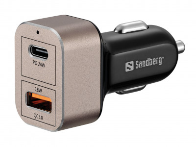 Sandberg hitri dvojni USB avtomobilski polnilnik, 1x QC 3.0, 1x USB-C 24W