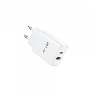 VEGER VLS302U 2-port charger, USB-A/USB-C, QC3.0/PD3.0, white.