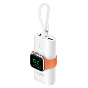 VEGER portable battery MagFan 10000 mAh, built-in cable and Apple Watch charger, white.