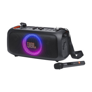JBL Partybox On-The-Go Essential Bluetooth portable speaker with microphone.
