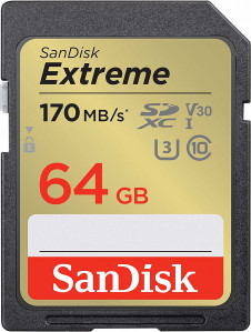SanDisk Extreme 64GB SDXC memory card + 1 year RescuePRO Deluxe up to 170MB/s & 80MB/s read/write, UHS-I, Class 10, U3, V30