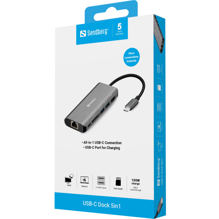 Sandberg USB-C Dock HDMI+LAN+SD+USB 100W priklopna postaja