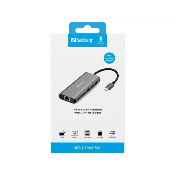 Sandberg USB-C Dock HDMI+LAN+SD+USB 100W priklopna postaja