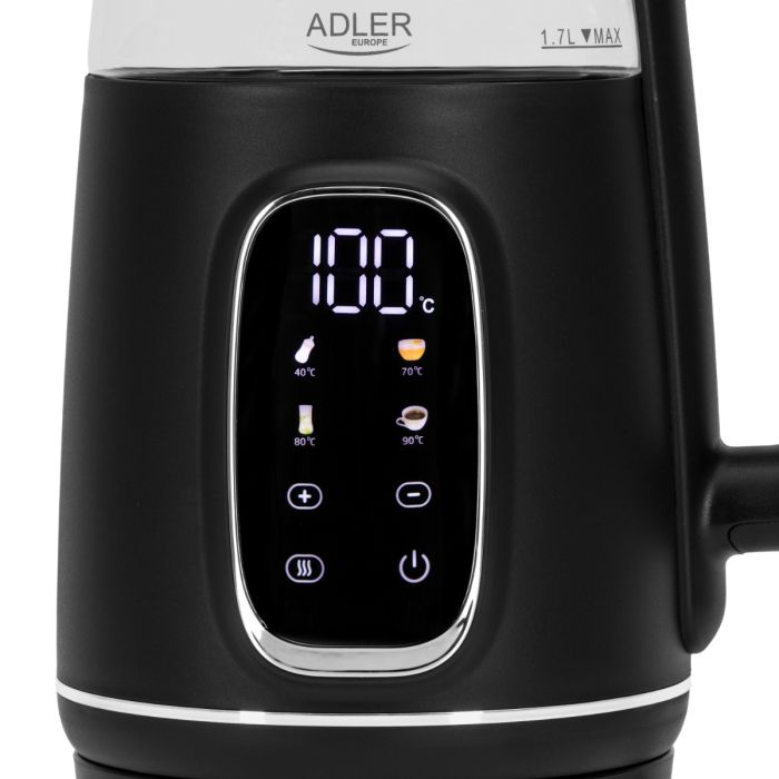 Adler Električni grelnik vode iz stekla z LED zaslonom in nastavitvijo temperature, 1,7 l