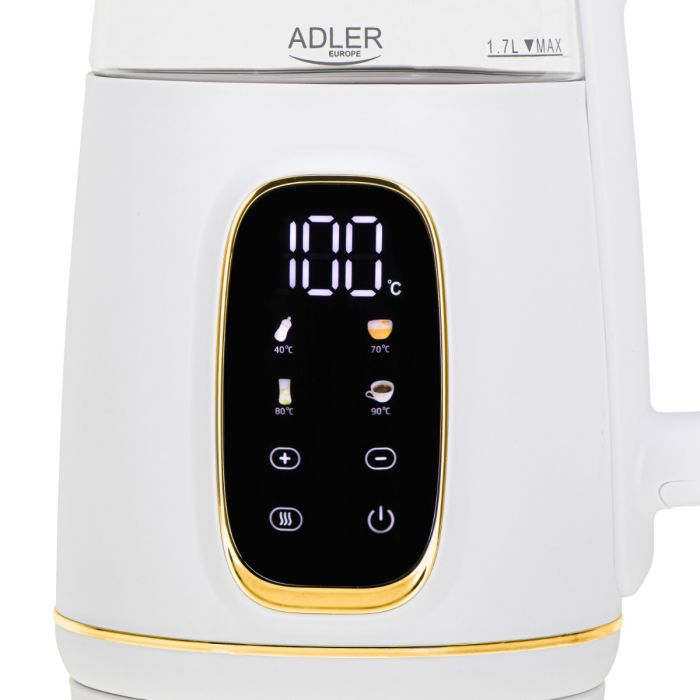 Adler Električni grelnik vode iz stekla z LED zaslonom in nastavitvijo temperature, 1,7 l