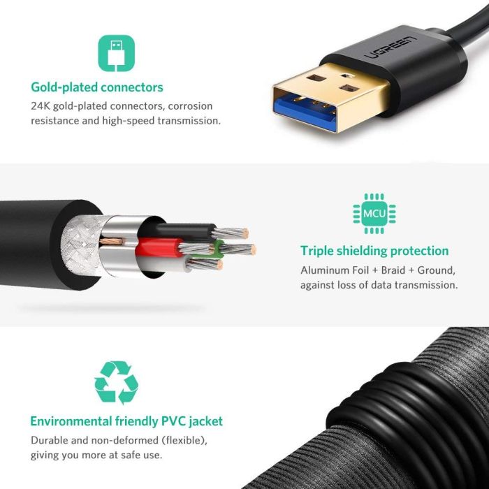 Ugreen USB 3.0 kabel (M na M) črn 0.5 m - polybag