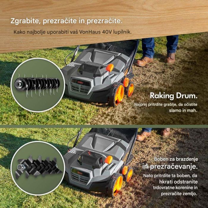 VonHaus 2-v-1 brezžični prezračevalnik in vertikulator za trato, 40 V