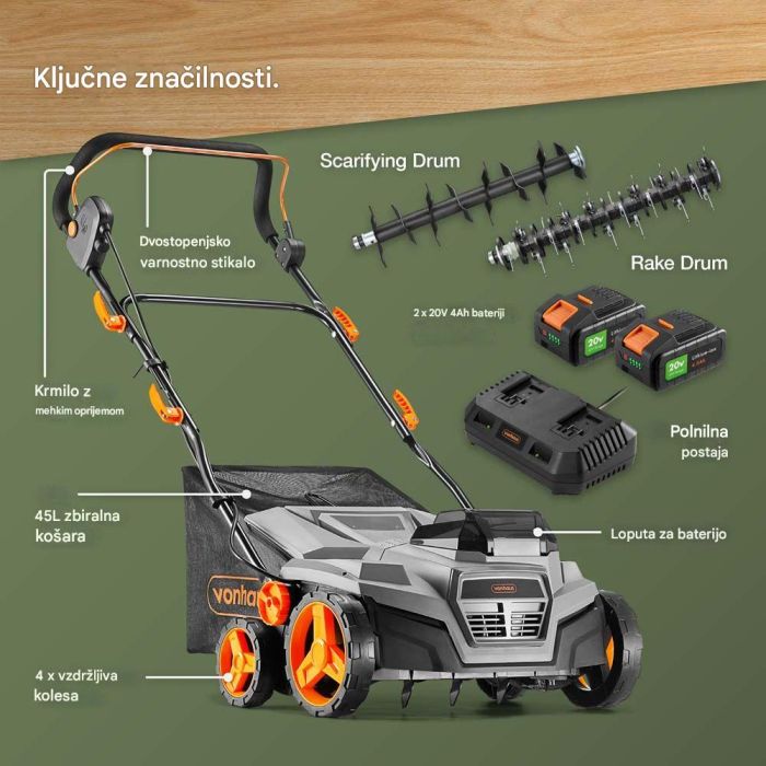 VonHaus 2-v-1 brezžični prezračevalnik in vertikulator za trato, 40 V