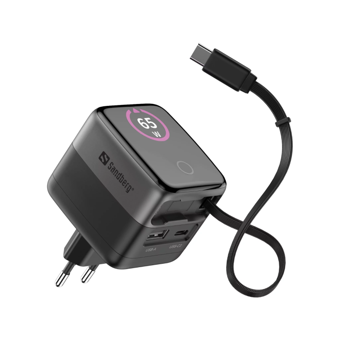 Sandberg potovalni napajalnik PD65W zaslon + vgrajen kabel 60cm