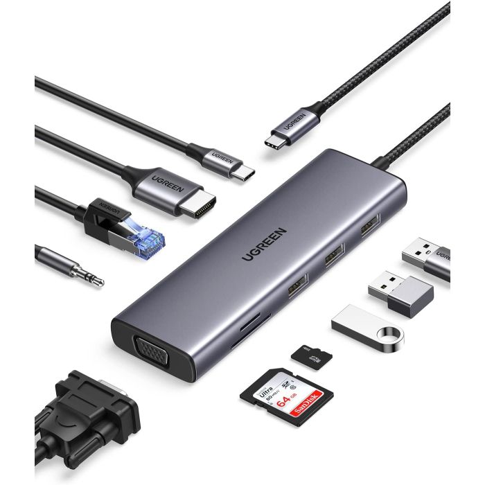 UGREEN USB C Hub, 10-v-1 USB-C z dvojnim izhodom za zaslon 4K HDMI & VGA, 100W PD