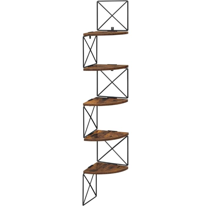 VASAGLE stenski kotni regal, 5-nivojski, rustikalno rjav in črn, 127,5 × 20 × 20 cm, industrijski slog