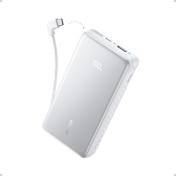 Anker Zolo Powerbank 20000 mAh, 22,5W z vgrajenim USB-C kablom, bel