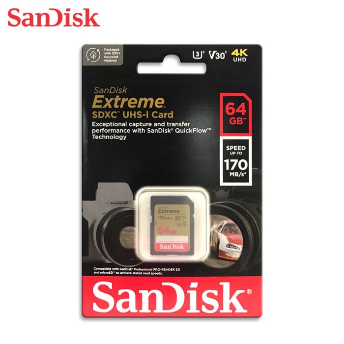SanDisk Extreme 64GB SDXC spominska kartica + 1 leto RescuePRO Deluxe do170MB/s & 80MB/s branje/zapi