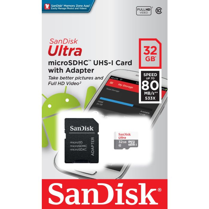 SANDISK 32GB Ultra microSDHC + SD Adapter 100MB/s Class 10 UHS-I