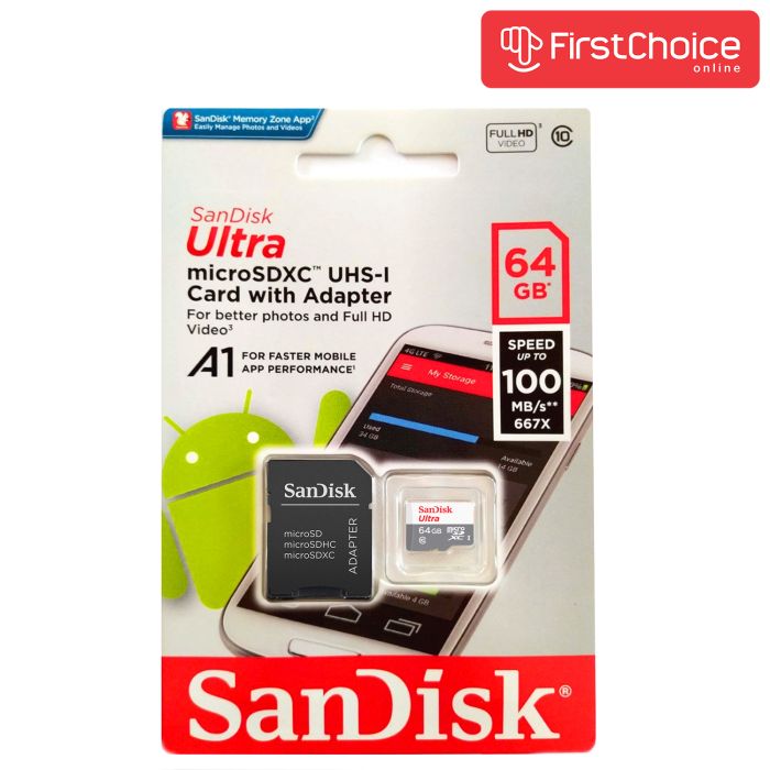 SANDISK 64GB Ultra microSDXC + SD Adapter 100MB/s Class 10 UHS-I